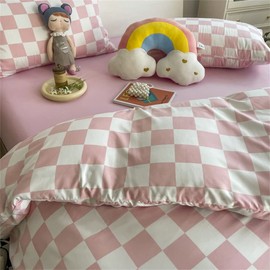 Wellboo Pink White Plaid Comforter Sets Twin Women Men Bean Pink and White Checkerboard Grid Bedding Comforters Cotton Boys Girls Modern Dusty Pink Checkered Geometric Quilts Luxury Abstract Bed