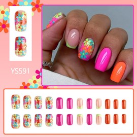 Flower Press on Nails Colorful Short Square Fake Nails with French tips Design Spring Nails Press Ons Pink Yellow Orange False Nails Full Cover Glossy Reusable Summer Nail for Women Manicure 24pcs