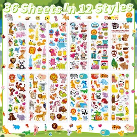 36 Sheets Animal Stickers for Kids - 3D Puffy Stickers Jungle & Farm Theme | Lion, Panda, Elephant, Giraffe | Reusable, Waterproof | Crafts, Scrapbooking, Party Favors