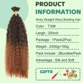 XIIMENALU Kinky Straight Wavy Braiding Hair for Boho Braids, Wet and Wavy Bulk Hair for Braiding, No Weft, Yaki Straight Bulk Hair for Micro Braiding Rebundle Braids (T30#, 20 Inches (1 Pack (2
