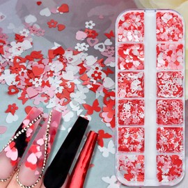 24Grid Heart Nail Art Glitter Valentine's Day Nail Art Flakes Sequins Red Nail Glitter Flower Butterfly Design Nail Art Supplies for Women Heart Glitter Nail Decoration DIY Manicure 2 Box