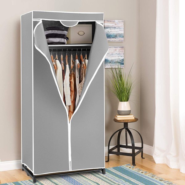 COSTWAY Fabric Wardrobe, Portable Single Clothes Closet with Hanging Rail, Foldable Garment Storage Cabinet Space Saving Organiser for Bedroom Cloakroom Dorm, 75 x 50 x 172cm (Grey)