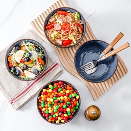 HVH Ceramic Cereal Bowls Set of 4, Soup Bowls Microwave Safe, 24 oz Ceramic Bowls for Kitchen, Salad, Oatmeal, Soup, Noodle, Farmhouse Style (Blue)