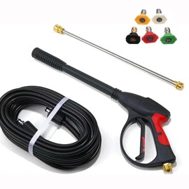 KZU Pressure Washer Gun with Flexible Extension Spray Wand, 5 Nozzle Tips, M22 Fitting, 3000 PSI, 1/4 inch Quick Connection, Power Washer Extension Replacement Lance with 26 FT Hose