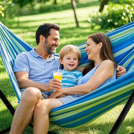 ANAGOO Double Hammock with Stand, 2 Person Hammock with Carrying Bag,Heavy Duty Portable,500 lb Capacity, Perfect for Both Indoors and Outdoors，Ocean Breeze