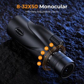 K&F Concept K&F Concept 8-32X50 Zoom Monocular with Cell Phone Holder, Monocular for Adults -BAK4 Prism and FMC Lens - IP66 Waterproof - Great for Birdwatching, Hiking, Hunting, Camping, Traveling, Black