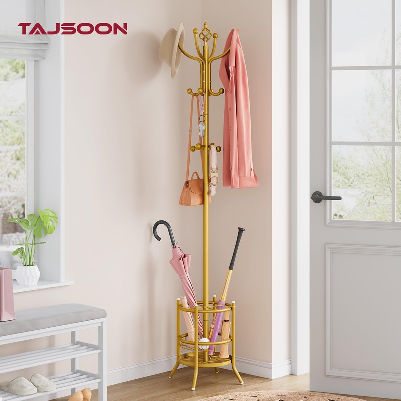 Tajsoon Coat Tree with Umbrella Holder, Coat Rack Freestanding, Coat