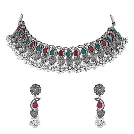 I Jewels Navratri Silver Oxidised Afghani Ghungroo Drop Choker Necklace Jewellery Set With Earrings For Women, Free Size, No Gemstone