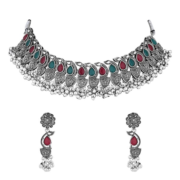 I Jewels Navratri Silver Oxidised Afghani Ghungroo Drop Choker Necklace