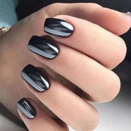 Short Press On Nails Square Fake Nails Black False Nails With Chrome Design Mirror Metallic Glue On Nail Artificial Acryli Glossy Full Cover Stick On Nail For Women 24pcs