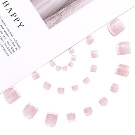 Handcess French False Toe Nails Nude Pink Glossy Press on Toe Nail Glitter Fake Toenails Full Cover Acrylic Toe Nail Art Tips for Women and Girls 24Pcs