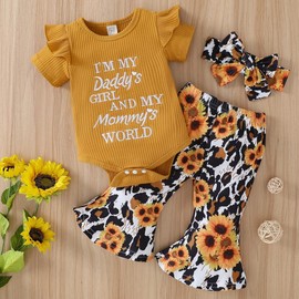 Baby Girl Clothes Set Daddy Mommy Ruffle Short Sleeve Romper + Flowers Flares Pants + DIY Headband Girls Outfit Clothing Set (3Pcs Brown Sun Flower Flare Pants, 6-12 Months)