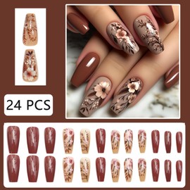 Autumn and Winter Brown Flowers False Nails