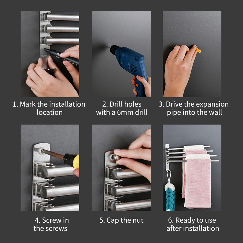 Swivel Out Towel Racks with Hooks 4-Bars Foldable Arms Bath