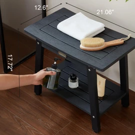 Large HDPS Shower Stool, Shower Bench for Inside to Sit On, Waterproof Bathroom Chair Seat for Shaving Legs, Foot Rest Stool with Storage Shelf, Non-Slip & No Maintenance, Black