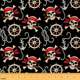Feelyou Pirate Upholstery Fabric for Chairs, Ocean Marine Theme Anchor Fabric by The Yard, Cartoon Skull Skeleton Decorative Fabric for Upholstery and Home DIY Projects, 1 Yard, Black Cream