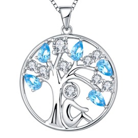 YL Tree of Life Necklace 925 Sterling Silver cut March Birthstone Aquamarine Blue Cubic Zirconia Family Tree Girl Pendant Necklace for Women,45+3CM