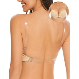 YANDW Women's Deep V Push Up Bra Backless with Back Transparent and Straps Low Back Plunge Padded Underwire Bra, nude, 75C