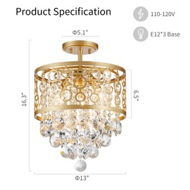 WUZUPS Crystal Drum Chandelier Flushmount Ceiling Light Modern Lighting Fixture for Entry Hallway Kitchen Bathroom Bedroom, H 16.3'' x W 13'', E12 Base, Gold