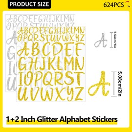 12 Sheets Gold Letter Stickers 624Pcs Alphabet Stickers Vinyl 1 and 2 Inch Glitter Letter Stickers Self Adhesive Waterproof for Water Bottles Scrapbooking Crafts Door Sign (Gold/Silver, 1 Inch,2 Inch)