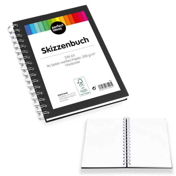 Perfect Ideaz DIN A5 sketch book, 96 pages (48 sheets), professional drawing pad, hard cover in black, spiral ring book, blank paper in white, 200 gsm empty sketch & black book for drawing