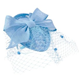 Caprilite Teardrop Pointed Pillbase Large Bow Fascinator with Birdcage Veil on Headband UK (Baby Blue Pastel Blue)