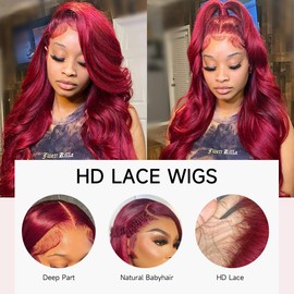 KEKEYY 26 Inch 99j Burgundy Lace Front Wigs Human Hair 200% Density HD Lace Front Wig 13x4 Burgundy Wig Human Hair Body Wave Lace Frontal Wigs Human Hair Pre Plucked With Baby Hair
