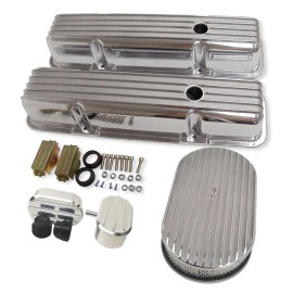 CNCRSR For SBC Chevy 58-86 Finned Tall Valve Cover &15'' Air Cleaner & PCV Breather Kit