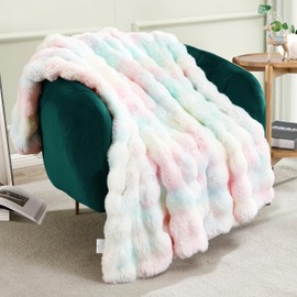 JONIYEAR Decorative Colorful Bubble Faux Rabbit Fur Throw Blanket 50" x 60", Extra Thick Textured Warm Fluffy Blanket for Winter, Luxury Shag Cute Cozy Fuzzy Furry Lap Blanket for Couch Women, Rainbow