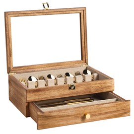 Yoimori Silverware Box, 2-Layer Wooden Silverware Storage Box with Glass Lid, 14.5×10.6 Inches Vintage Style Decor Flatware Storage Case for Fine Flatware & Utensils, Gift Idea (Torched Wood)