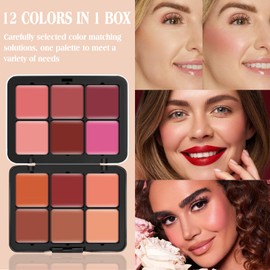 LSxia 12 Colors Cream [Blush] Makeup Palette for Cheeks - All in One Blush Makeup Palette Kit with Brush, Natural Matte Long Wearing, Waterproof Blendable Face Make Up Pallete (#01)