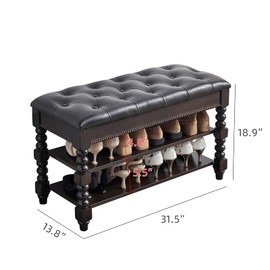 HOOTSMALL Shoe Storage Bench with Cushion, Entry Bench with Storage Solid Wood Shoe Bench Ideal for Entryway Living Room and Corridor (Walnut 31.5'')