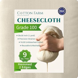 Cotton Farm Grade 100 Premium Cheese Cloths - Precision Straining & More; 9 Sq Ft (1x1 yard);  Unbleached Cotton Cheesecloth; Reusable with Hemmed 2 Edges; Ultra-Dense (the finest) Butter Muslin - Size: 1 Yard