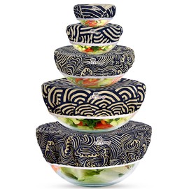 Li'l Things Eco-friendly Beeswax Bowl Covers | Improved Beeswax Coating | Elastic Food Storage Covers | Reusable Lids For Food, Fruits and Leftover | 5 Sizes | 3 Different Themes | Japanese Waves