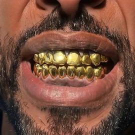 18K Gold Plated Hip Hop Teeth Grillz for Your Teeth Iced out 8 Top Teeth 8 Bottom Tooth Grillz For Men Women Rapper Costume Cosplay Extra Molding Bars (Gold Set)