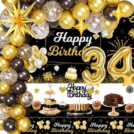 Miidenks 34th Birthday Decorations for Him, 34 Birthday Decorations Include Black and Gold Backdrop Banner, Tablecloth, Gold 34 Number Balloons, Explosion Star Balloons