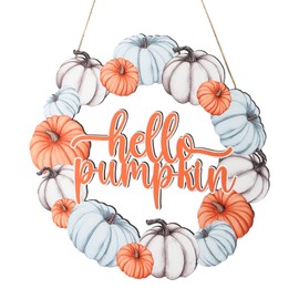 Pumpkin Door Hanger, Fall Hanging Sign Pumpkin Wreath, Hello Pumpkin Door Sign, Wooden Fall Front Door Decorations, Pumpkins Hanging Decor for Harvest Farmhouse Yard Wall Size 11.8 Inches (Pumpkin)