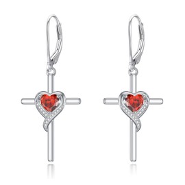 TOUPOP Ruby Cross Earrings for Women Sterling Silver July Birthstone Earrings Heart Cross Earrings Jewelry Birthday Gifts for Her