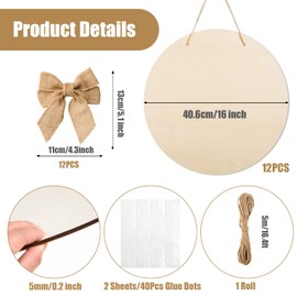 12 Pcs 16 Inch Wood Circles for Crafts Unfinished Round Wood Discs Blank Wooden Rounds Slices Round Wooden Door Hanger Signs with Bows, Twine and Glue Points for DIY Craft Holiday Decor,5 mm Thick
