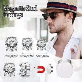 Xinjieda 3 Pairs Magnetic Earrings Clip On Earrings Set Non Pierced Magnet Design Fake Ear Stud Stainless Steel Mens Earrings Diamond Cubic Zirconia Magnetic Stud Earrings Gift for Men Women Girls Kid