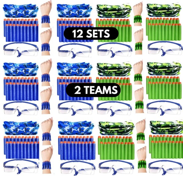 Wishery Accessories for Nerf Party Supplies & Boys Birthday Favors - 12 Kids. Compatible with Nerf Guns & Blasters N - Strike Elite. Pack of Foam Darts, Safety Glasses, Masks, Wrist Bullet Holder