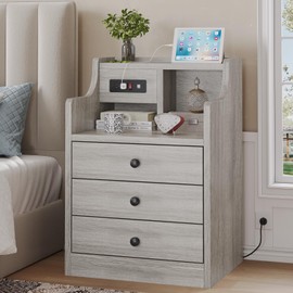 Tiptiper Nightstand with Charging Station, Grey Night Stands with Hutch, 3 Drawers Bedroom End Table Bedside Table with 2 USB Ports & 2 Outlets