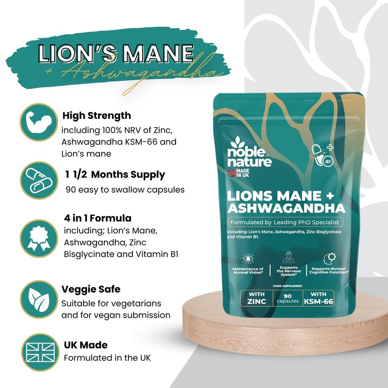 Noble Nature Lion’s Mane & Ashwagandha KSM-66 4-in-1 Adaptogen &