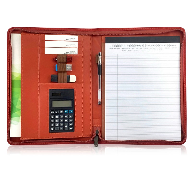 Zippered Padfolio A4 PU Leather Portfolio Organizer with Calculator for