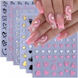 6 Sheets Valentine's Day Nail Stickers for Nail Art Heart Nail Decals 3D Self-Adhesive Red Pink Gold White Black Love Heart Nail Art Designs Nail Art Sticker Nail Tip for Women DIY Nail Art Decoration