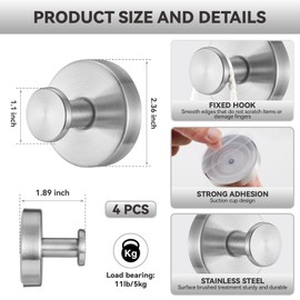 4 PCS Suction Cup Hooks for Shower, Stainless Steel No Drill Suction Towel Hooks, Reusable Sticky Silicone Suction Cup Base for Bathroom Wall, Glass, Mirror, Tile to Hang Loofahs, Robes (Silvery)