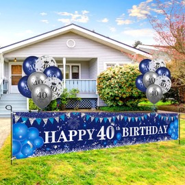 Blue 40th Birthday Decorations for Men Navy Blue Silver Happy 40th Birthday Yard Banner and Blue 40th Birthday Balloons for Indoor Outdoor Men Women 40th Birthday Party Supplies