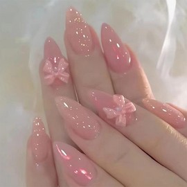 Uas postizas cortas en forma de almendra, rosa, con joya de corazn 3D y lazo blanco, como regalo de San Valentn para mujeres y nias, 24pcs (Melocotn Rosa 3, 24pcs)