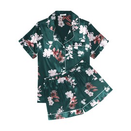 Ekouaer Silk Pajama Sets Women's Short Satin Pjs Button Up Notch Collar Sleepwear Breathable 2 Piece Nightwear Set,Floral Green,XX-Large
