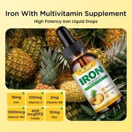 Liquid Iron Supplement for Women Men & Kids Multivitamin Iron Drops with Folate, Vitamin C, B6, B12, Zinc for Anemia, Iron Deficiency, Blood Builder, Energy - Natural Pineapple Flavor, Vegan 4 Fl Oz
